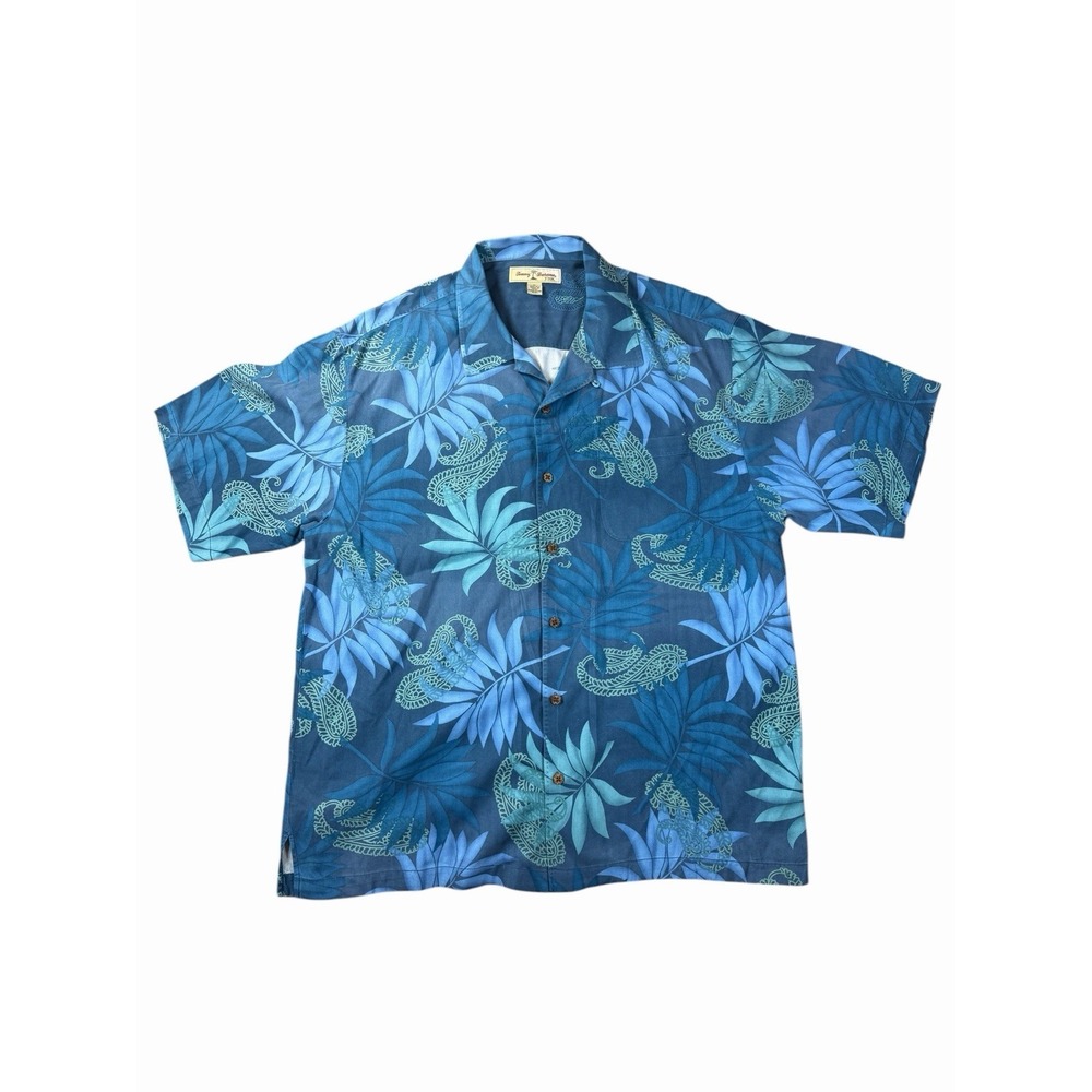 Tommy Bahama Silk Shirt Mens XL Blue Hawaiian Floral Camp Button Down